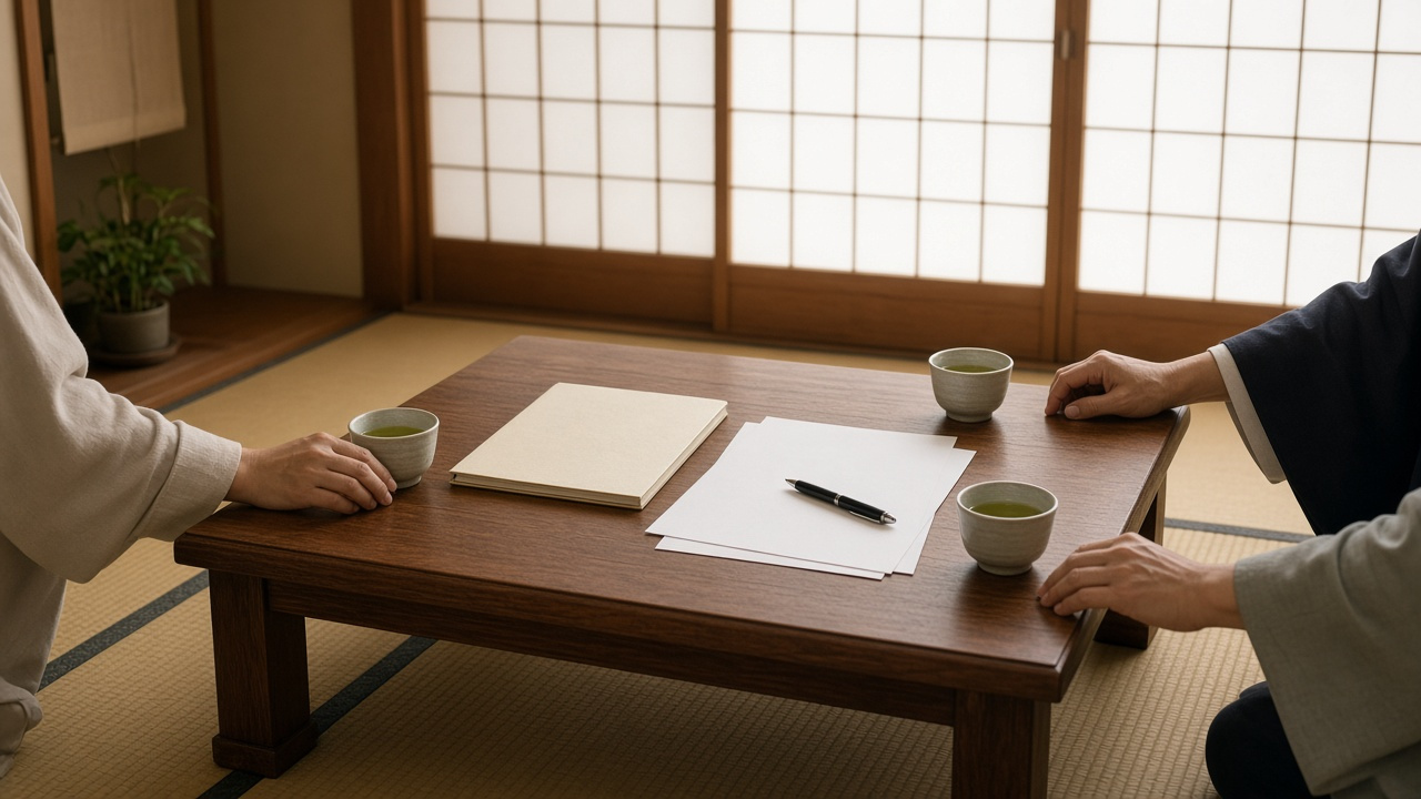 和室の座卓で家族が相続手続きの書類を確認する手元のイメージ