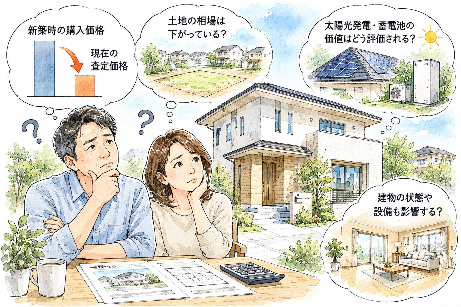 築浅住宅の査定額に疑問を感じるお客様の水彩ペン画