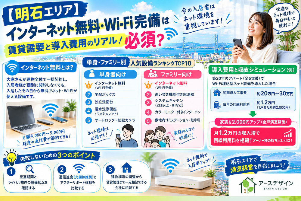 【明石エリア】インターネット無料・Wi-Fi完備は必須？賃貸需要と導入費用のリアル！の画像