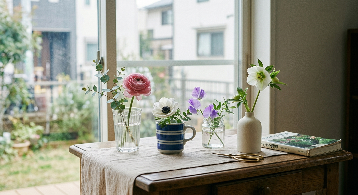 花瓶がなくても大丈夫!マグカップやグラスで楽しむ「1輪挿し」のフラワーインテリア|初心者向けお部屋づくり術の画像