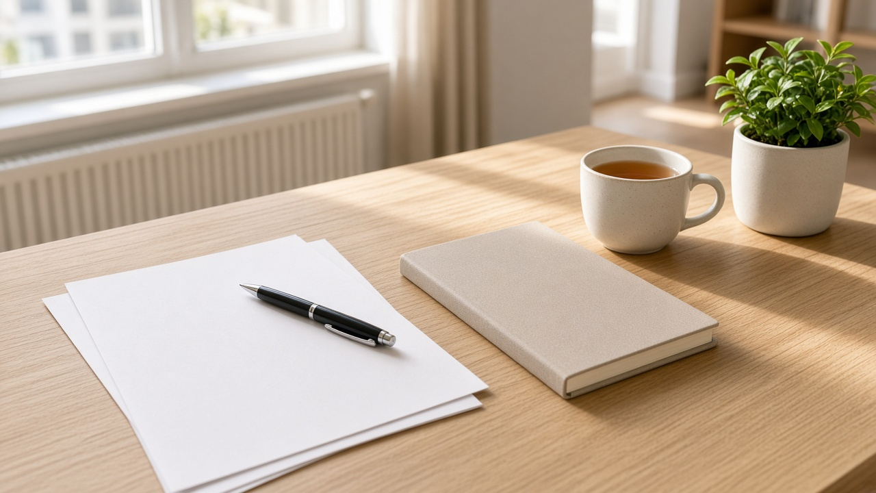 引越し後の手続きを確認するため机に書類とペンを並べたイメージ