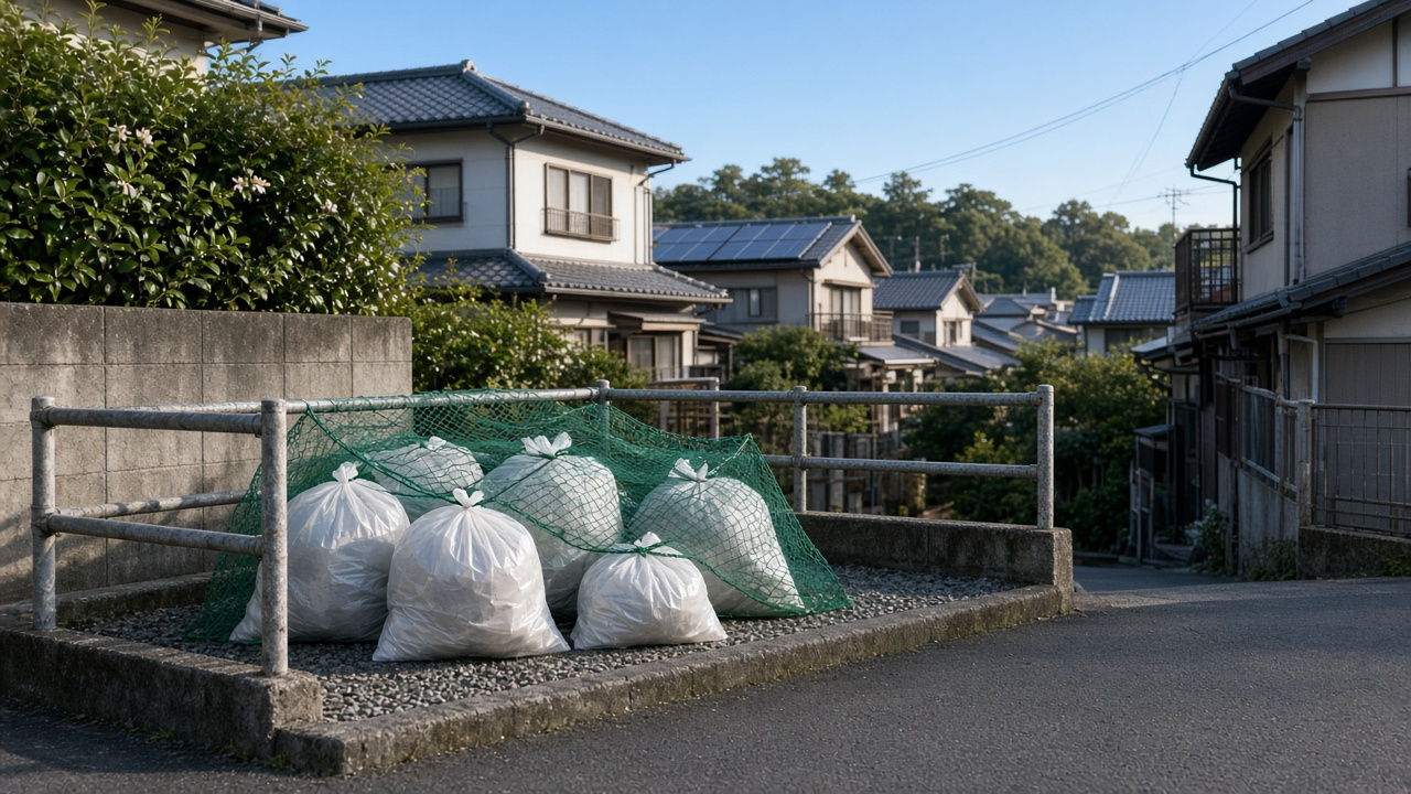住宅街のごみ集積所に指定袋のごみが出されている朝のイメージ