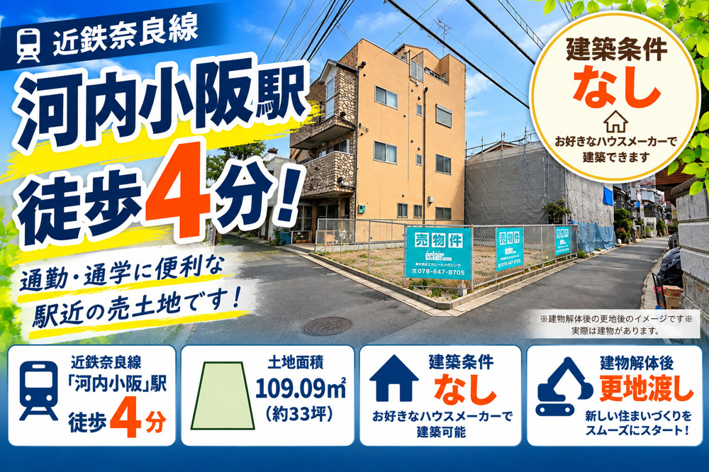 新規掲載物件のご案内 東大阪市下小阪1丁目｜河内小阪駅徒歩4分！角地・約33坪の売土地！建物解体後、更地渡し！の画像