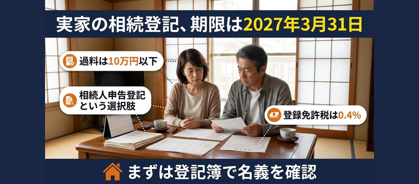 親の実家の相続登記、期限は2027年3月31日？過料10万円以下の仕組みと、期限が迫る前にやる3ステップ【2026年最新】の画像