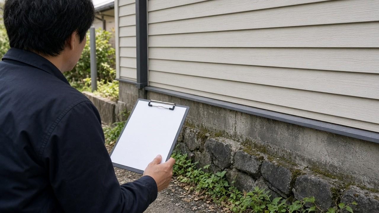 売却前に住宅の外壁や基礎の状態を確認するイメージ