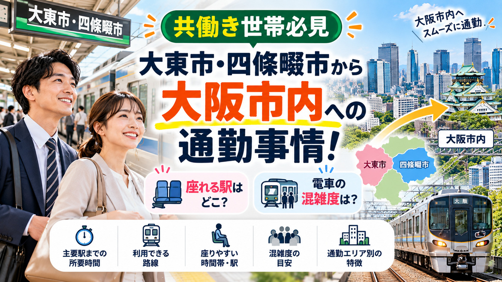 【共働き世帯必見】大東市・四條畷市から大阪市内への通勤事情!座れる駅や電車の混雑度は?の画像