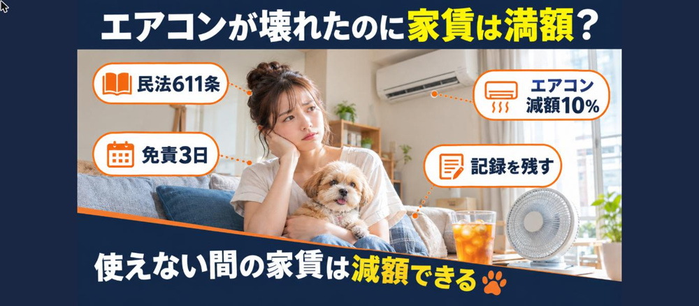 エアコン・給湯器が壊れたのに修理されない…家賃はいくら減額できる？民法611条と日管協ガイドライン（エアコン10%・免責3日）の計算例【2026年最新】の画像