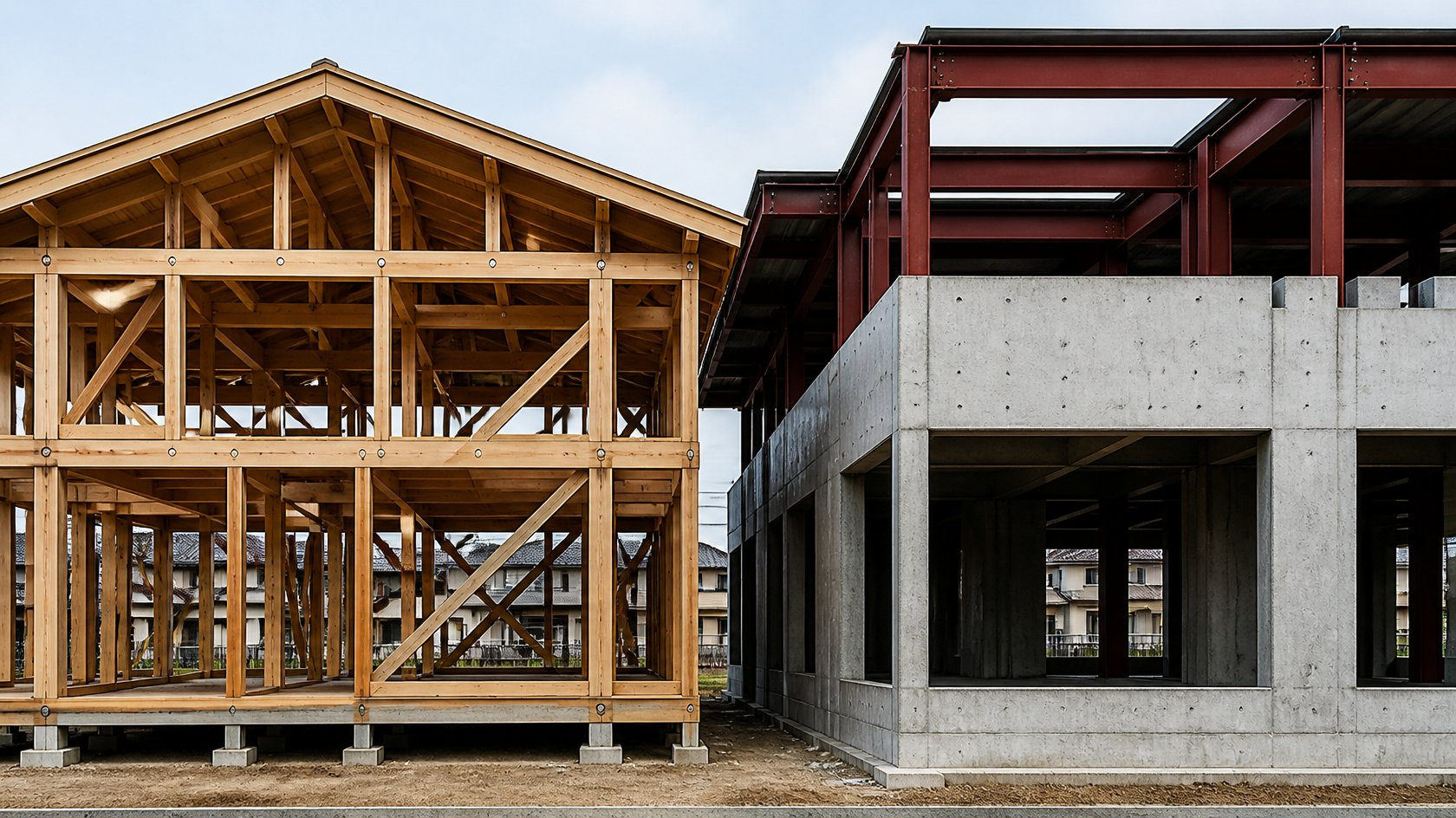 建築中の木造の骨組みと鉄筋コンクリート造の建物 建築中の木造の骨組みと鉄筋コンクリート造の建物