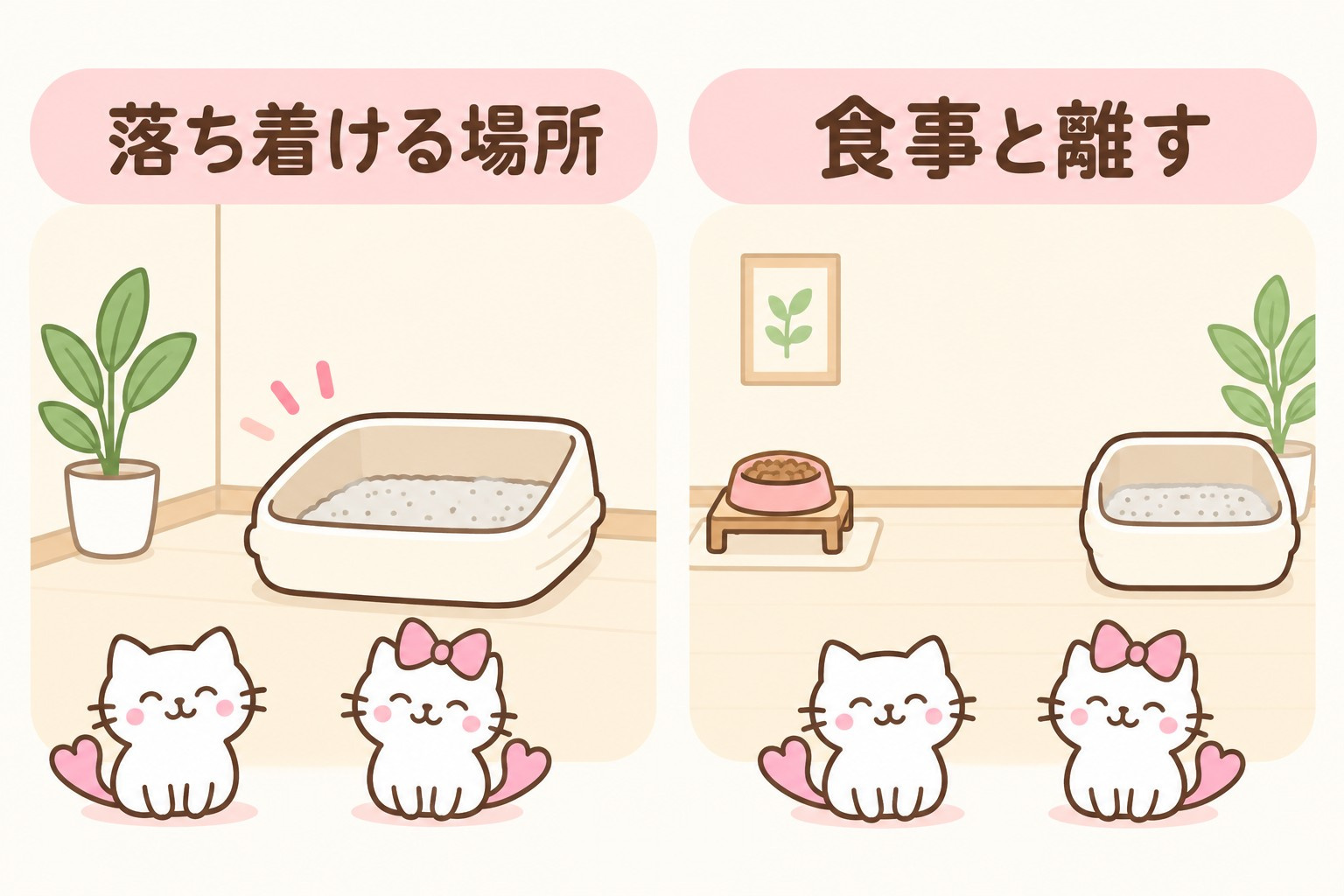 猫トイレは落ち着ける場所に置き食事場所と離す
