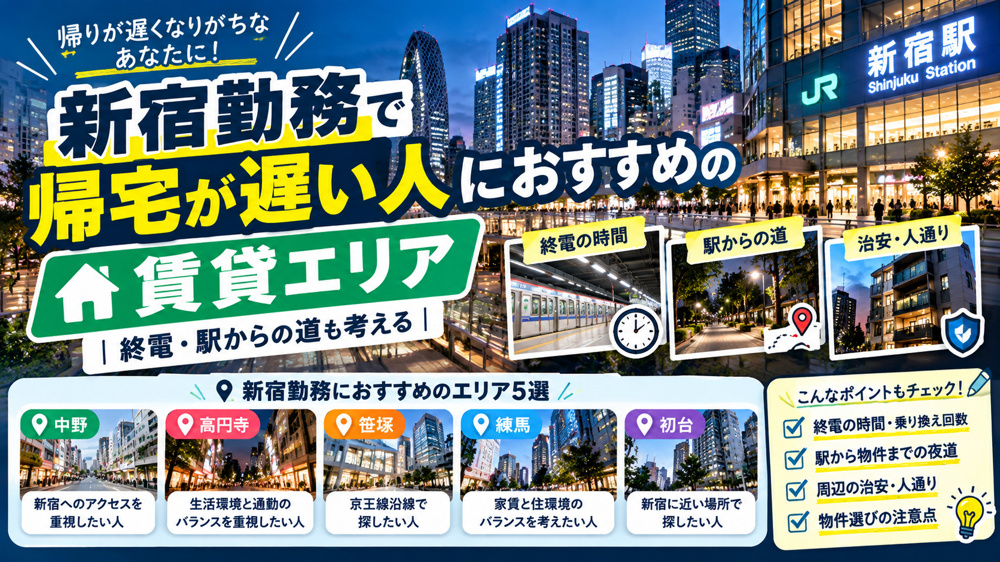 新宿 通勤 一人暮らし、 新宿勤務 家賃、 新宿 終電 賃貸、 新宿 夜道 防犯、 新宿 通勤しやすい街の画像