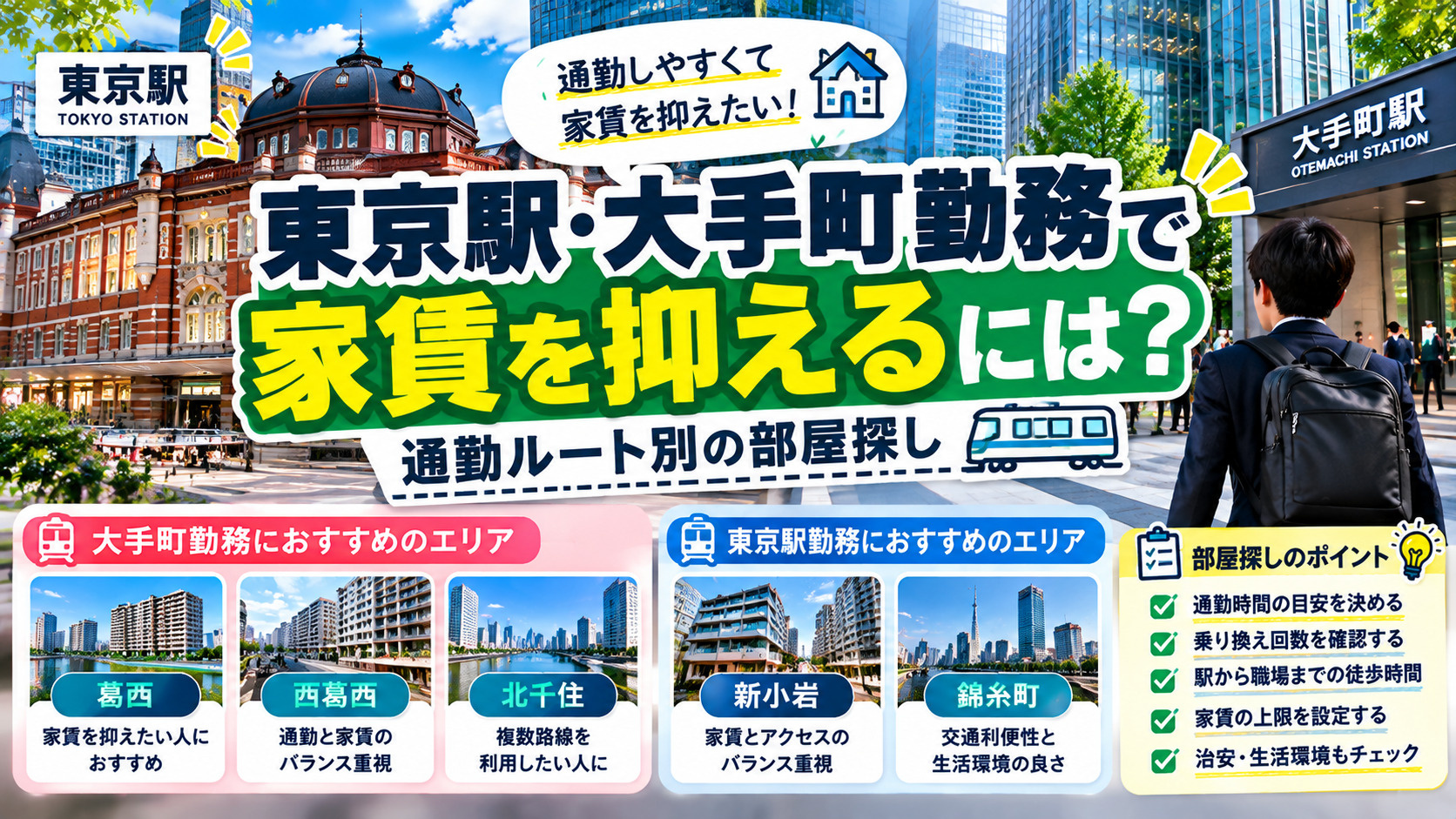 東京駅勤務 賃貸、 大手町 通勤 おすすめエリア、東京 家賃を抑える、東西線 賃貸、通勤時間 賃貸の画像
