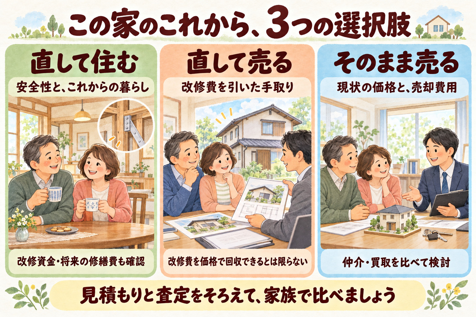 助成を受ける5ステップ。1 市の無料耐震診断、2 建築士の設計と市との事前協議、3 補助金の申請と交付決定、4 工事の契約・着工、5 完了報告と補助金の受け取り。交付決定のあとに工事を契約・着工します。