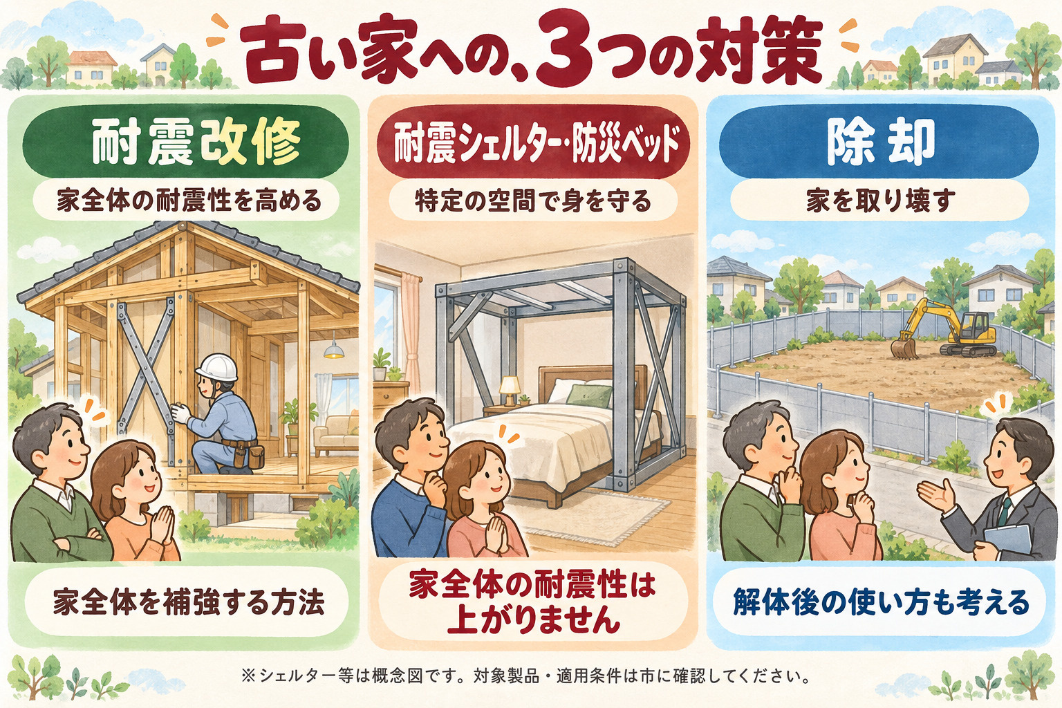 古い家への3つの対策。耐震改修：家全体を強くする。耐震シェルター・防災ベッド：寝ている場所を守る。除却：家を取り壊す。