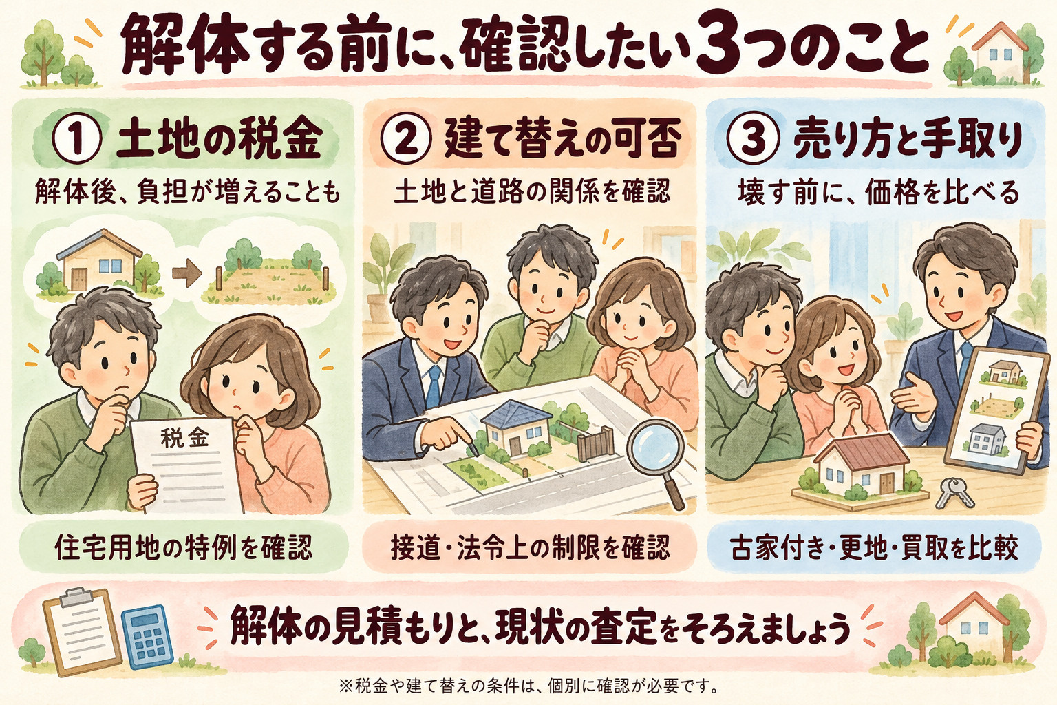 解体する前に確認したい3つのこと。1 土地の固定資産税：家がなくなると税金が上がることがある。2 建て替えできる土地か：道路との接し方を確認。3 売り方：古家付きで売る、更地で売る、買取から選ぶ。