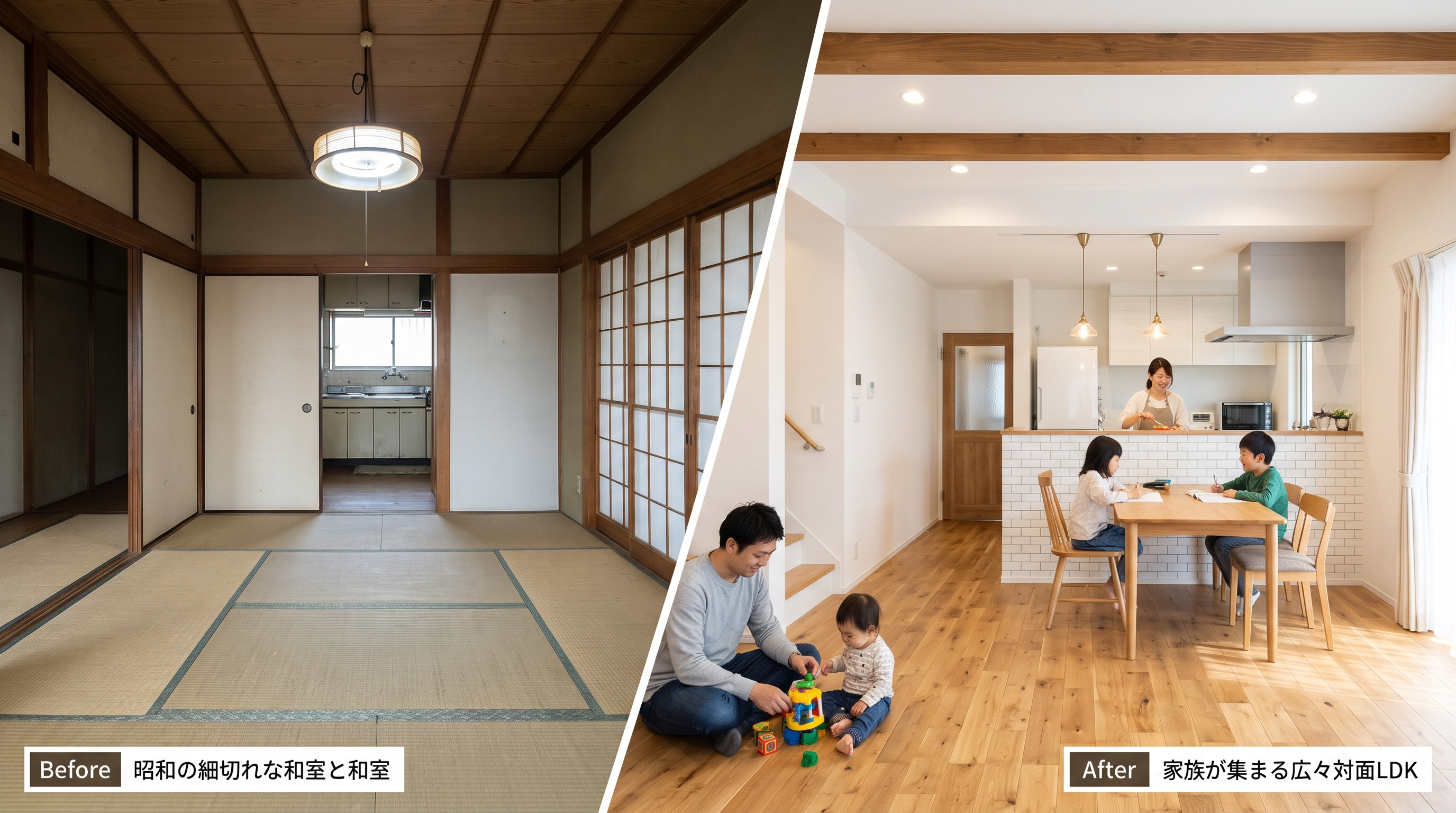 昭和の細切れな和室が、家族が集まる広々対面LDKへ