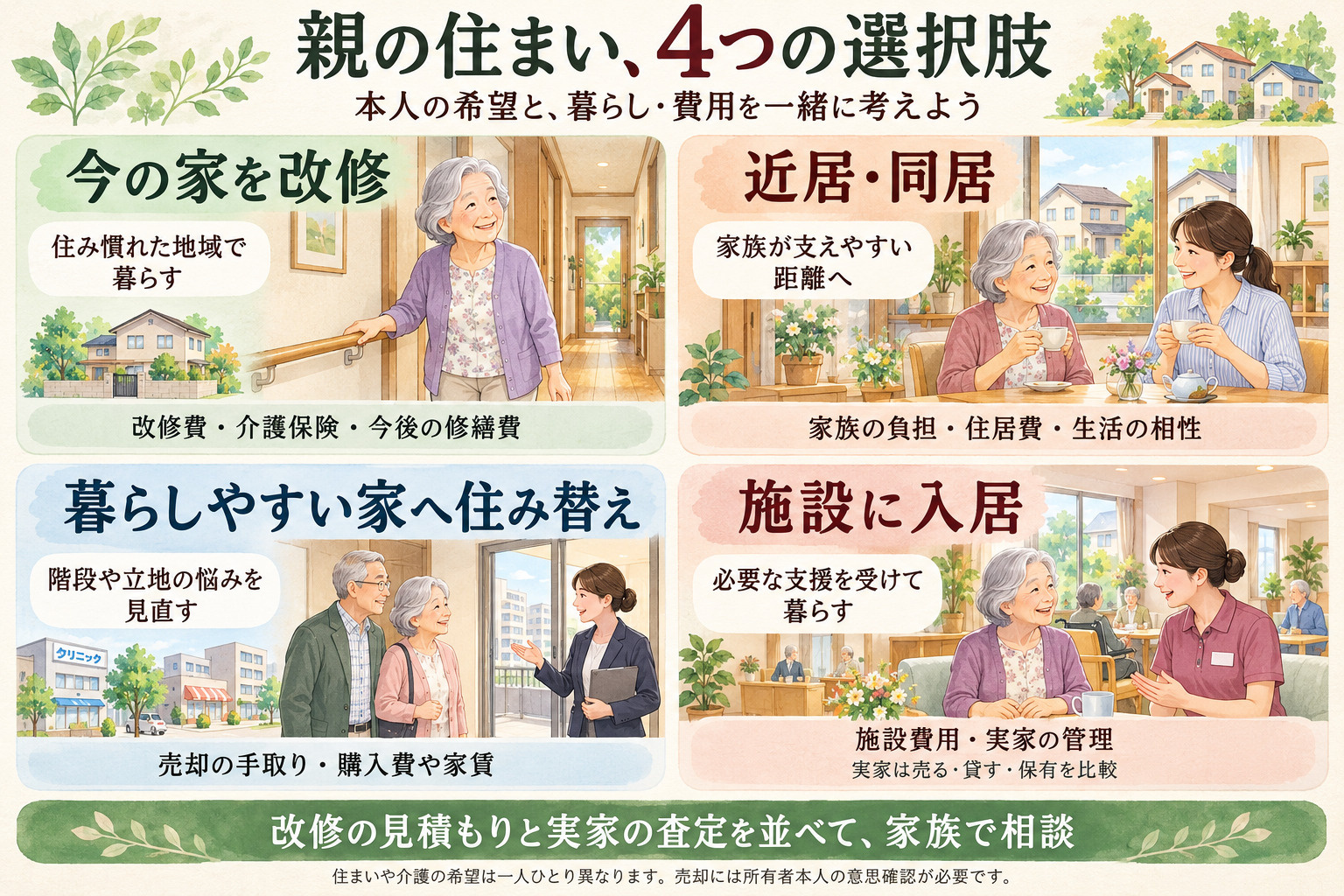 介護保険の住宅改修で対象になる6つの工事。手すりの取り付け、段差の解消、滑りにくい床への変更、引き戸などへの扉の取り替え、洋式便器などへの取り替え、これらに付帯して必要な工事。