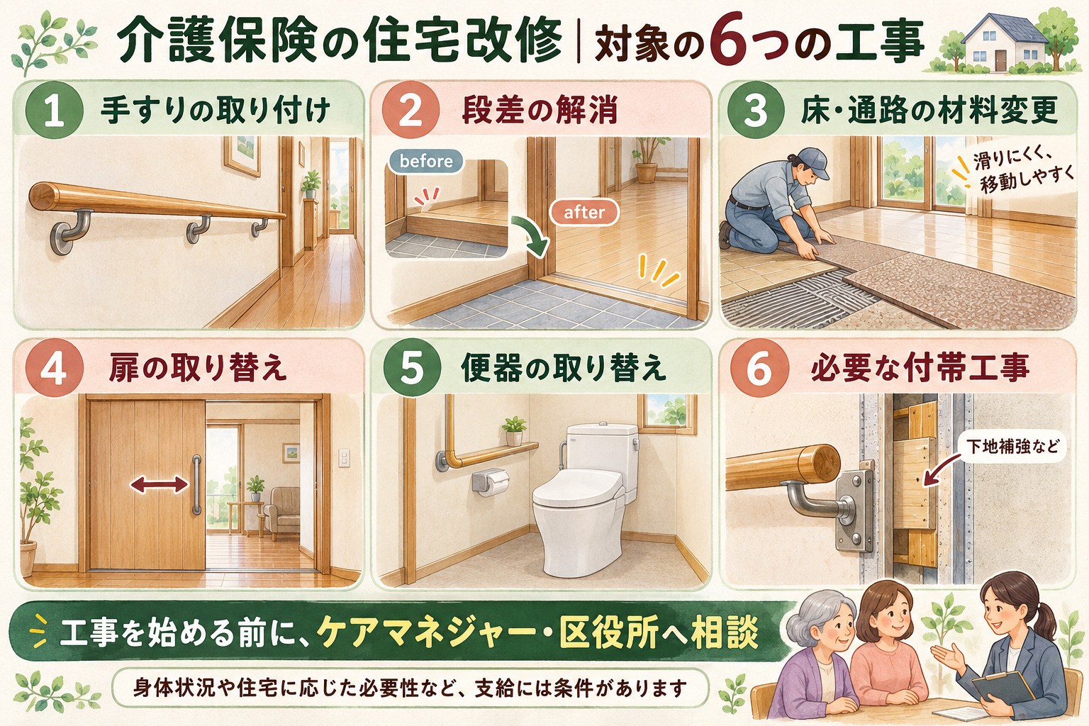 親の住まい、4つの選択肢。手すりなどを付けて今の家に住み続ける。子の家の近くへ引っ越す、または同居する。平屋や駅近のマンションなど暮らしやすい住まいへ住み替える。施設に入居し、実家は売る・貸す・保有する方法を比較する。