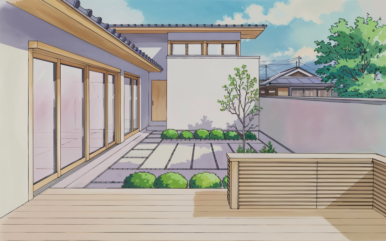 注文住宅で叶える理想の間取りプラン！中庭とウッドデッキで暮らしを豊かにする方法の画像