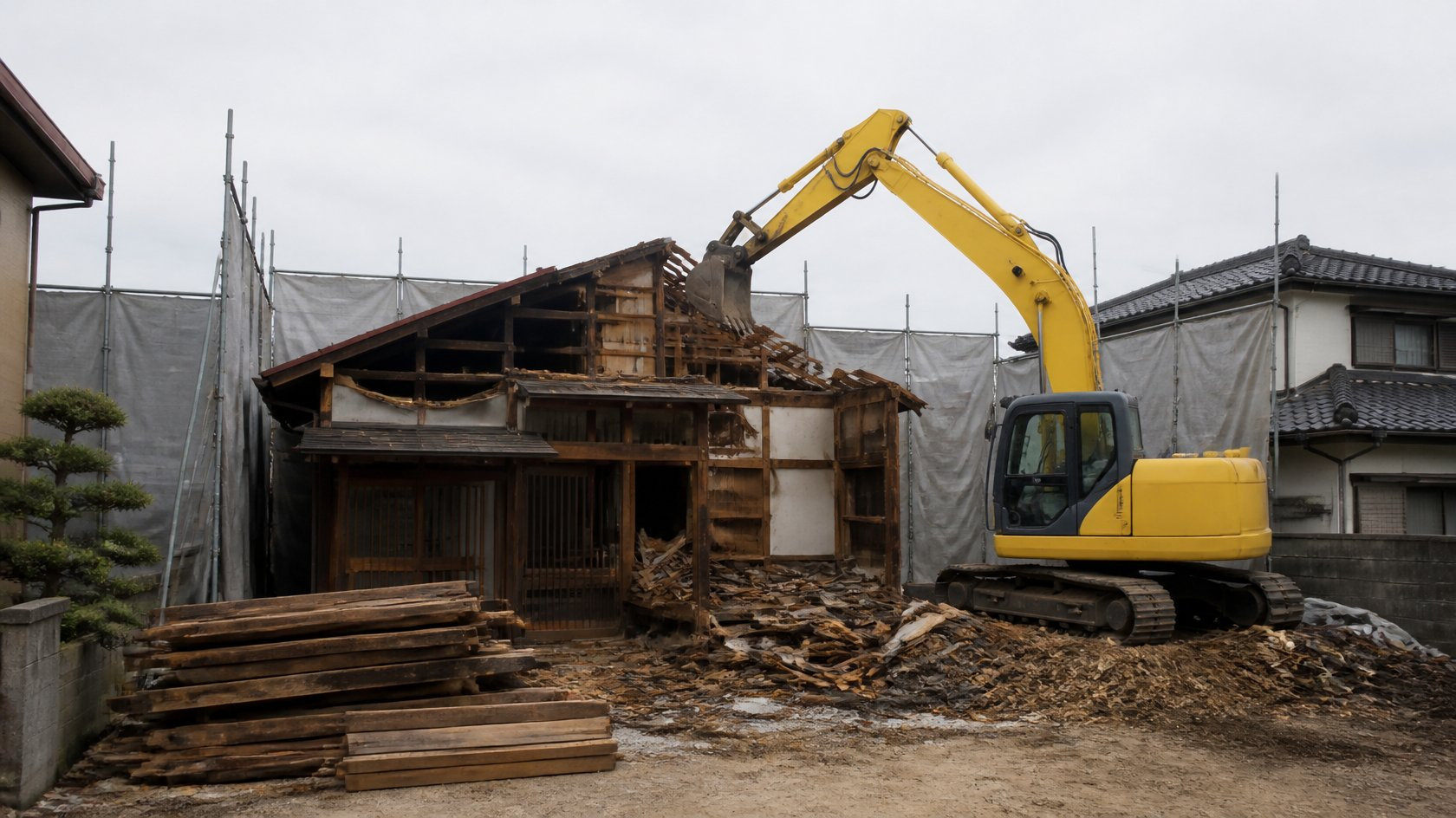 重機で古い木造住宅を解体している現場 重機で古い木造住宅を解体している現場