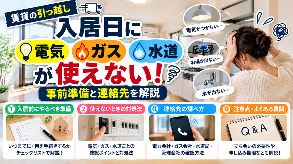 入居日 電気 使えない、入居日 ガス 使えない、水道 開始手続き、引っ越し ライフライン 手続き、賃貸 入居前 準備の画像