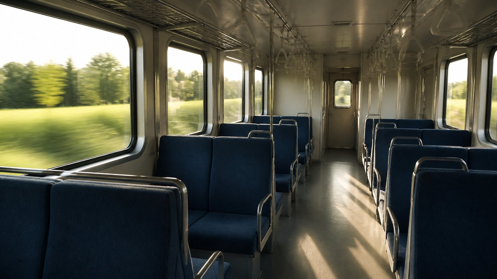 朝の光が差し込む誰もいない通勤電車の車内