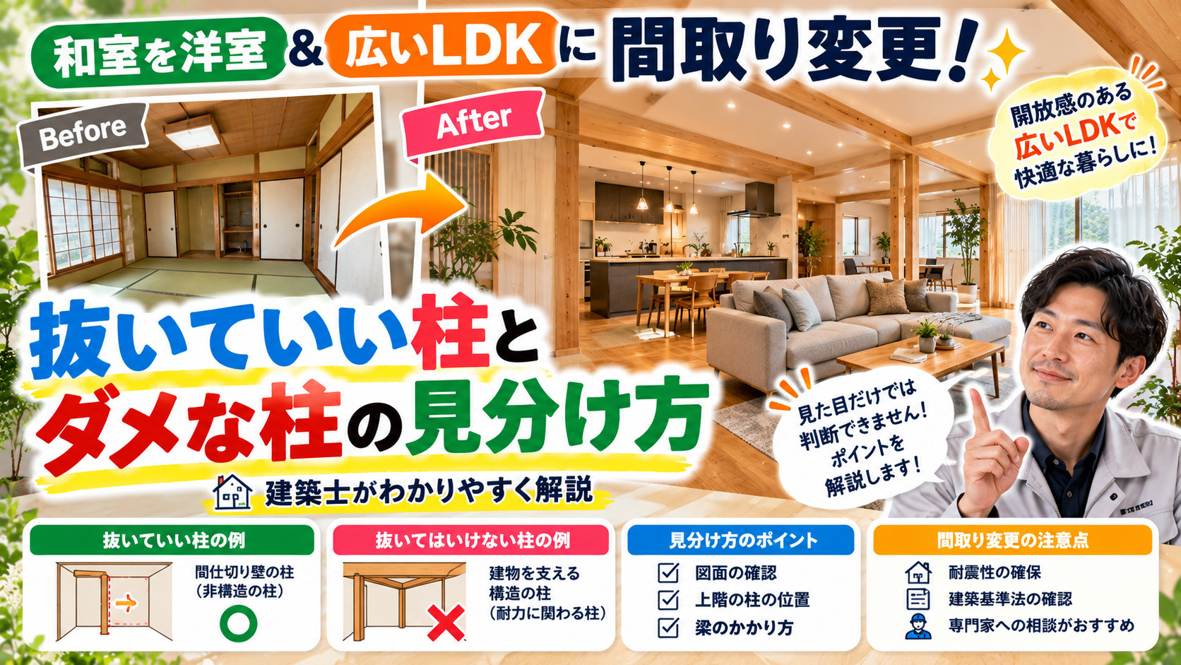 和室を洋室＆広いLDKに間取り変更！抜いていい柱とダメな柱の見分け方（建築士が解説）の画像