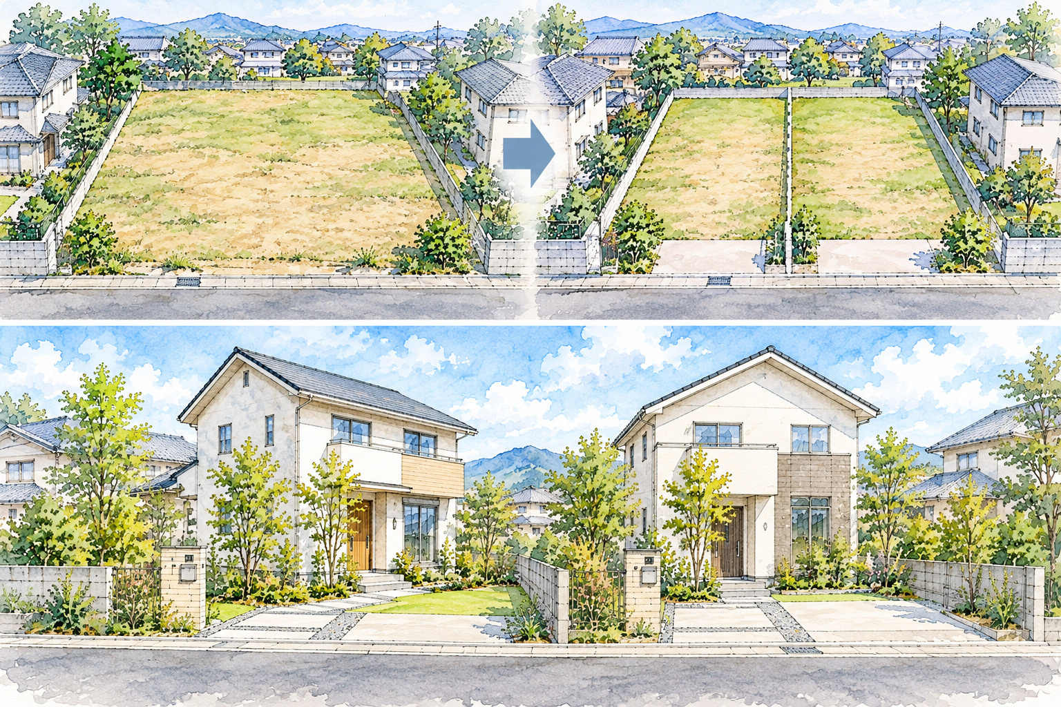 土地を2区画に分けて住宅を建築した場合の水彩画イメージ