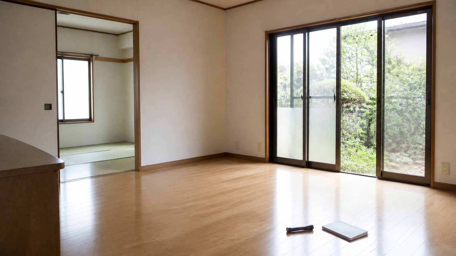 中古住宅の内見で確認する、家具のない明るいリビングと和室