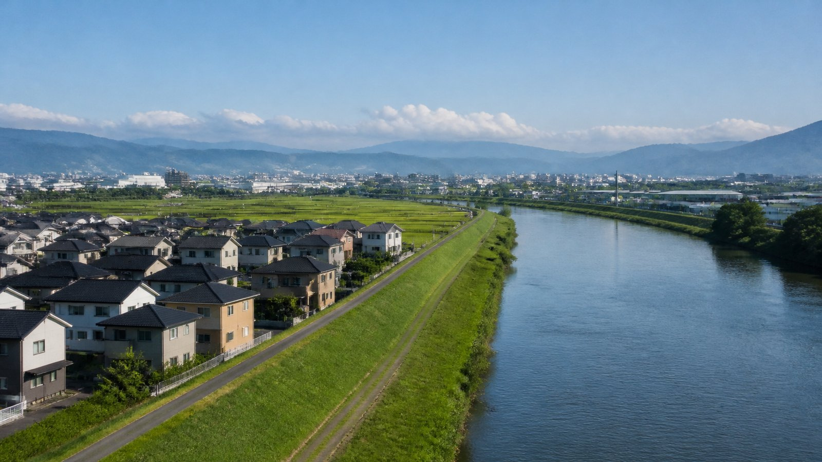 川と堤防に沿って住宅が並ぶ郊外の風景、ハザードマップ確認のイメージ