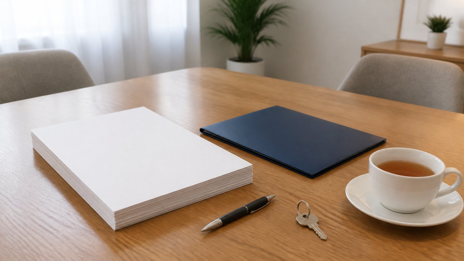 重要事項説明と売買契約のイメージ、テーブルに置かれた書類と住宅の鍵