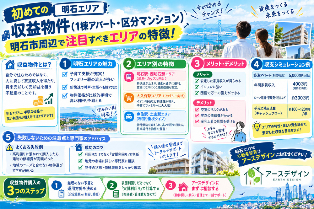 初めての「収益物件（１棟ての「収益物件（一棟アパート・区分マンション）」購入！ 明石市周辺で注目すべきエリアの特徴！の画像