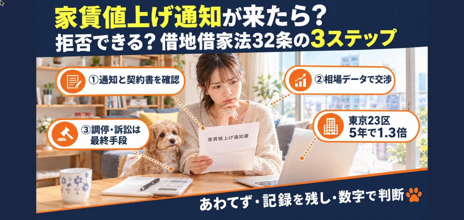 家賃値上げ通知が来た！拒否できる？借地借家法32条の3ステップと、東京23区で5年1.3倍になった賃料の現実【2026年最新】の画像