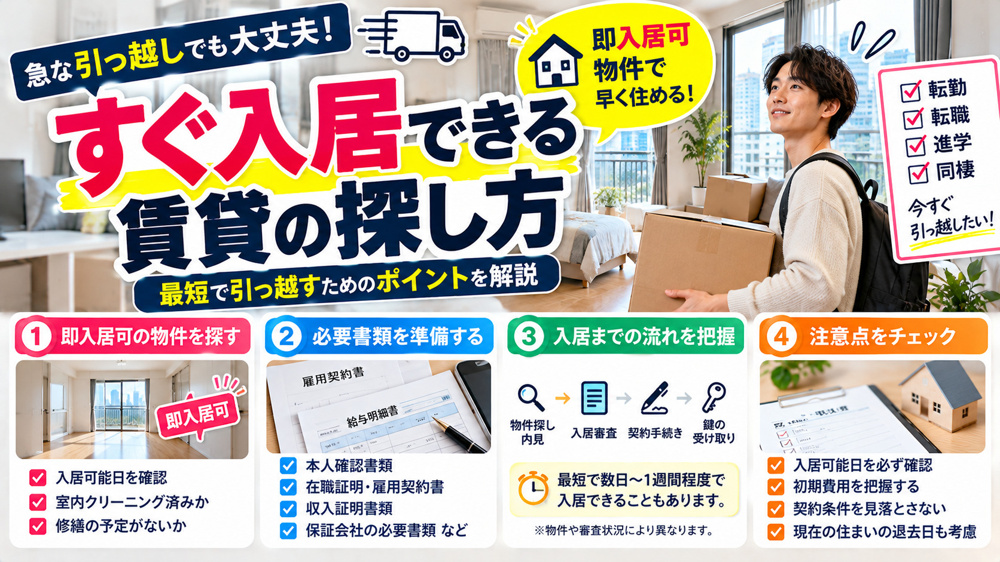 即入居可 賃貸、賃貸 最短 入居、すぐ引っ越したい 東京、即入居 賃貸 探し方の画像