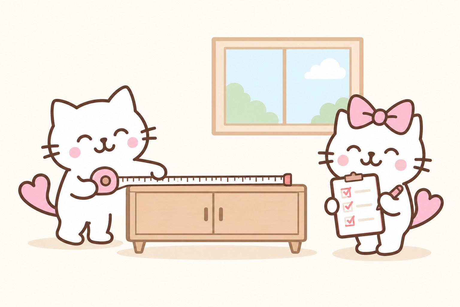 あいにゃんと女の子が内見時の採寸とチェックリストを確認
