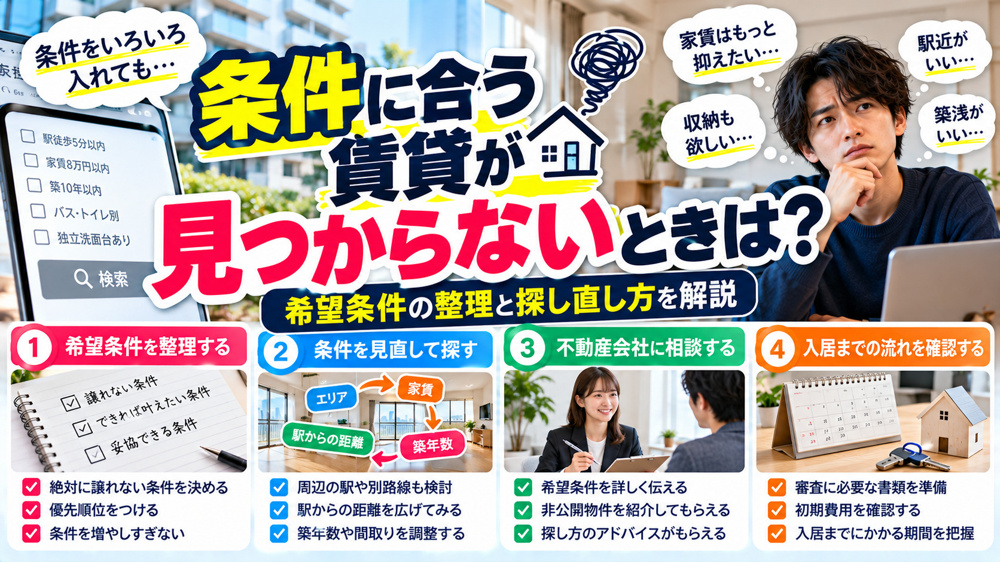 賃貸 希望条件 見直し、賃貸 物件 見つからない、部屋探し 妥協点、東京 賃貸 探し方の画像