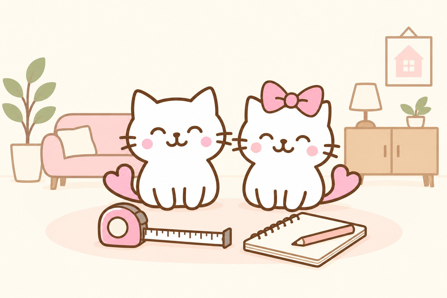 メジャーと寸法メモを用意するあいにゃんと女の子