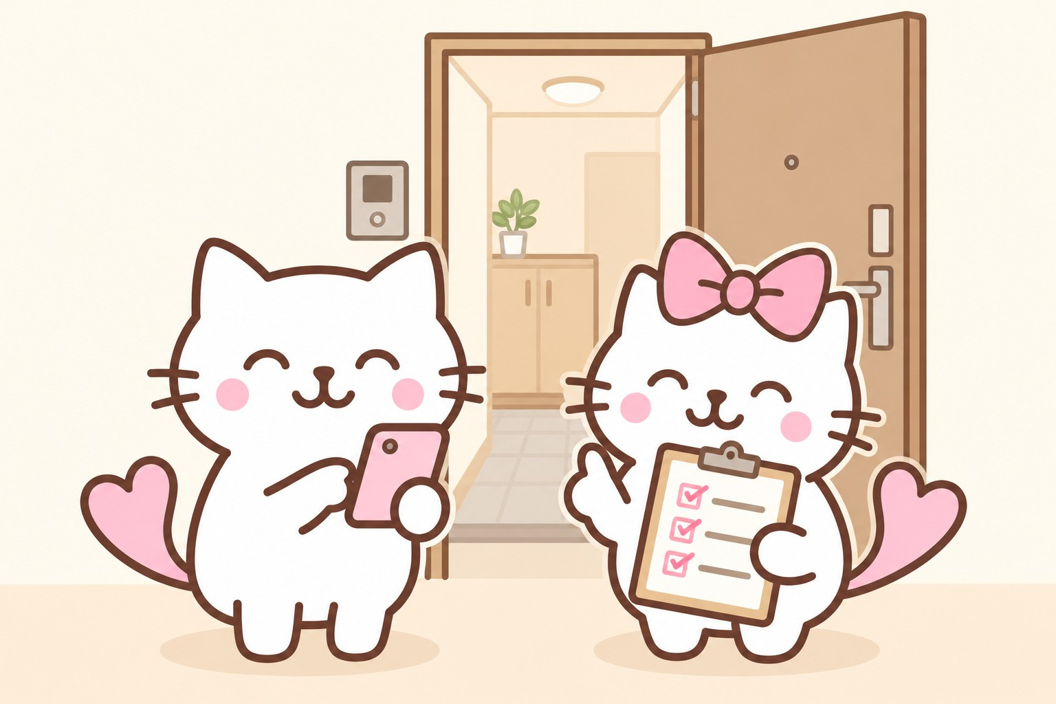 スマホと質問チェックリストを持って内見するあいにゃんと女の子