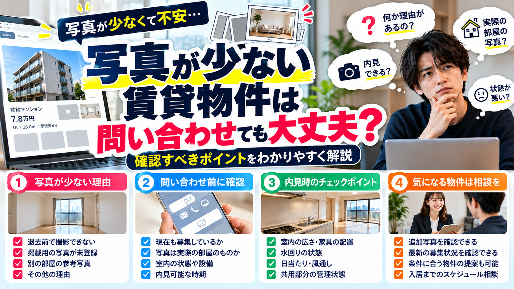 賃貸 写真 少ない 理由、賃貸 問い合わせ 確認事項、賃貸 内見 チェックポイント、賃貸 追加写真の画像