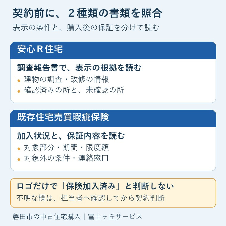 安心R住宅の調査報告書と瑕疵保険の加入状況・保証内容を、契約前に別々に照合する確認図