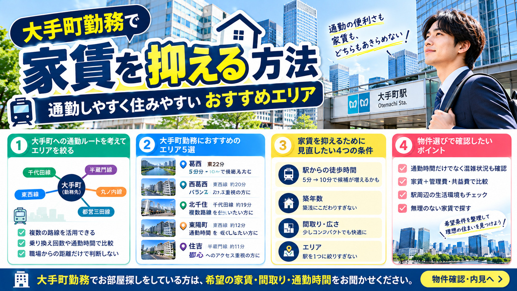 大手町勤務 一人暮らし、 大手町 通勤 おすすめ駅、大手町 家賃 安いエリア、大手町 東西線 賃貸の画像