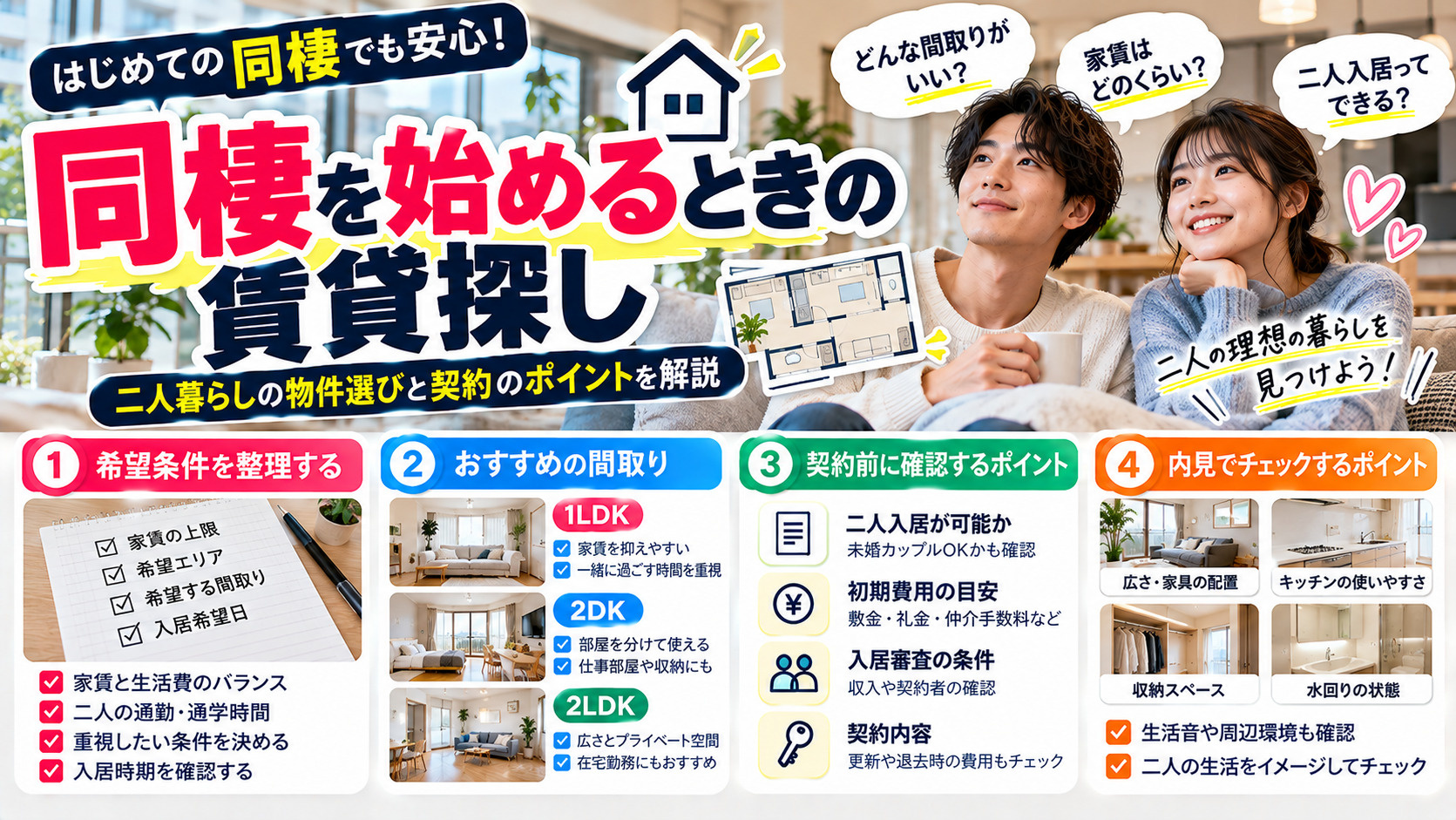 同棲 物件探し、二人入居 賃貸、同棲 初期費用、同棲 間取り、カップル 賃貸の画像